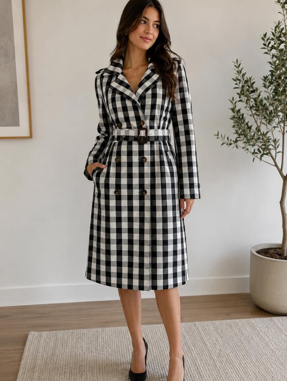 J. Crew Black and White Checkered Trench Coat